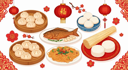 Vibrant Chinese New Year Celebration Featuring Traditional Foods and Festive Decorations