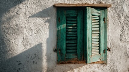 Weathered teal wooden shutters partially open on a textured off-white wall, cast by a strong light source creating a dramatic shadow.  The shutters show age and wear