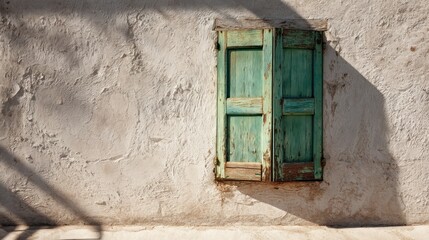 Weathered teal shutters partially open on a stucco wall, casting a shadow in sunlight. The wall is textured, showing age and wear.  The shutters are aged and show signs of chipping paint