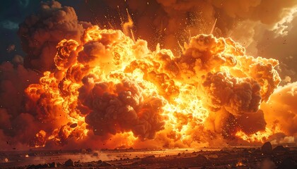 Large, fiery explosion erupts in the sky, clouds and debris seen