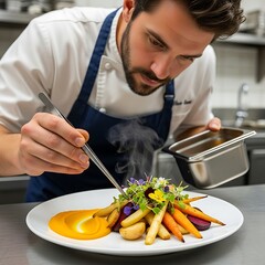 Chef plating a gourmet vegetable dish with precision and care.
