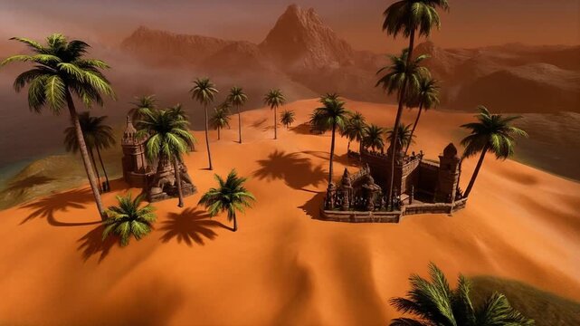 Generate a medieval fantasy aerial view image of the island of Abaros, a large mesa-like island with palm trees, orange sands, mountains, etc. 