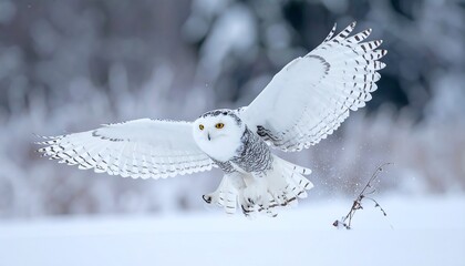 Snowy owl with extended wings flying over a snow-covered landscape