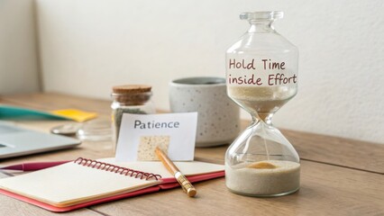 Hourglass with Motivational Quotes and Workspace for Productivity and Time Management Inspiration