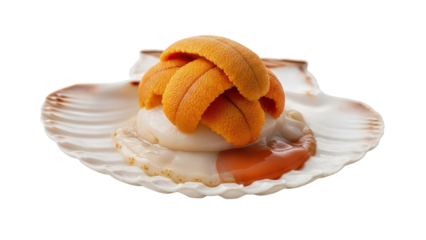 Fresh Orange Sea Urchin Roe (Uni) on Scallop Shell Isolated Product Shot isolated PNG with Transparent Background