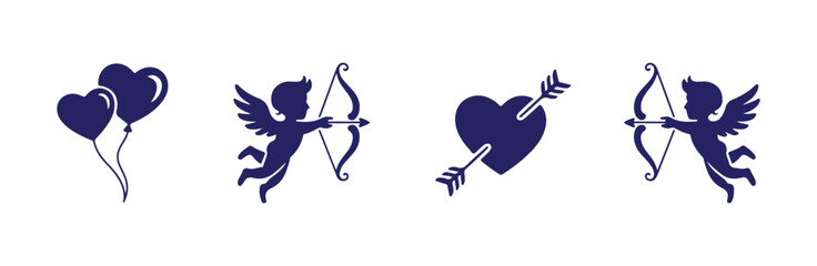 Blue cupid and heart balloon icons for valentine day concept graphics isolated on white background