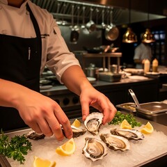 Chef Preparing Fresh Oysters with Lemon Wedges on Ice.