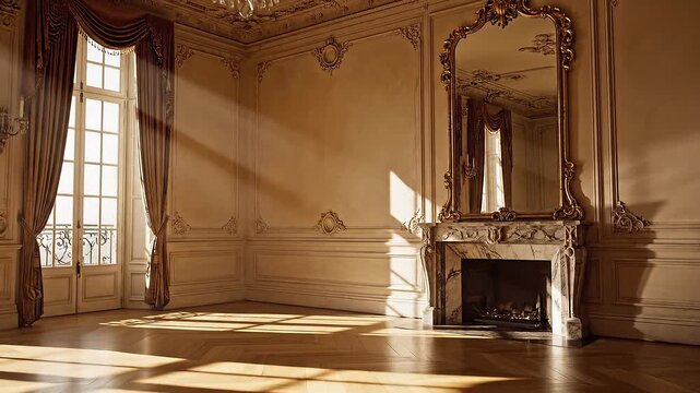Wide shot of an elegant Parisian Haussmann apartment interior at early morning, tall windows letting warm golden sunlight form rectangular beams across polished oak parquet floors