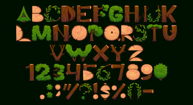 Cartoon wooden log font, wood stump and bush typeface, timber type letters, forest trunk alphabet with tree inspired leafy and bark textures. Vector eco themed, nature or environmental abc script