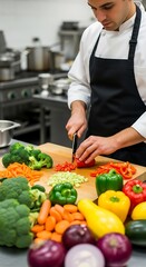 Chef preparing fresh vegetables in a professional kitchen setting.