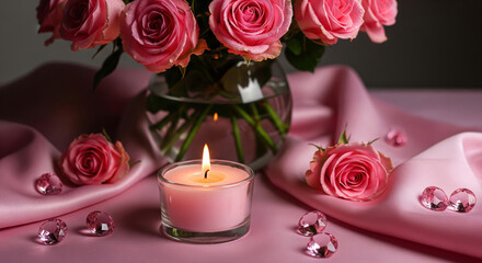 Fototapeta premium Pink rose bouquet with candle and crystal gems on silk for romantic celebration. Elegant floral arrangement for Valentine Day.