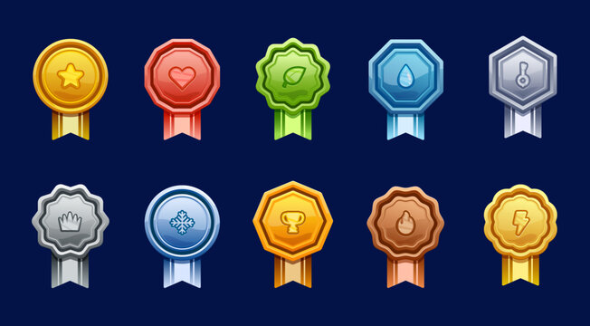 Game rank badge shields, level achievement medals with skills, vector UI icons. Cartoon gold award, silver medal, bronze game rank badges with star, heart, trophy and fire, metal crown and key