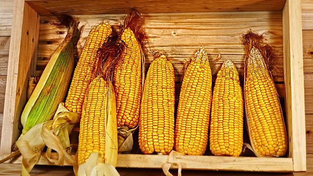 Freshly harvested sweet corn with bright golden kernels placed in a wooden box, showcasing natural textures and rich colors. The simple, rustic arrangement highlights the organic beauty and farm-