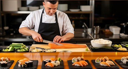 Chef preparing sushi in a restaurant kitchen with focus and precision.
