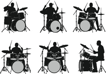 Drummer silhouettes, playing drum kit, live concert performance, music stage energy, percussion artist, rock band drummer, musical show, expressive drumming poses