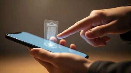 Hands holding smartphone with touch screen.