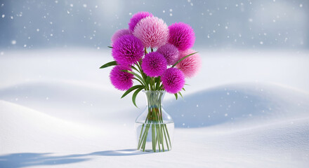 Obraz premium Purple pom pom flower in glass vase on snowy winter field. Vibrant floral bouquet in snow for seasonal contrast concept.
