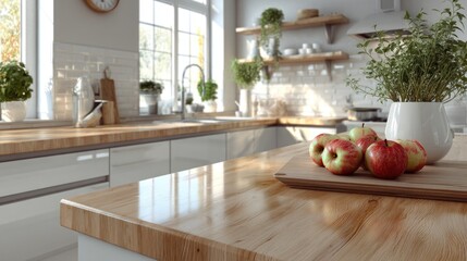 Bright, airy kitchen with wooden countertops and white cabinets. Apples sit on a cutting board in the foreground. Sunlight streams through the window