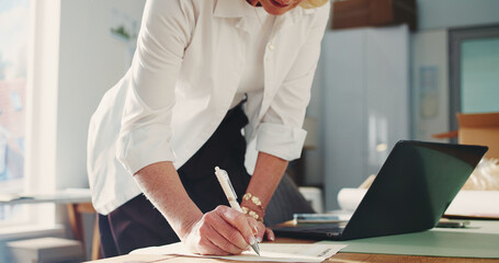 Logistics, notes or hands in office with paper, parcel track or inventory management of shipment....