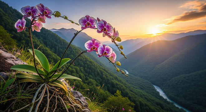 Purple orchid on mountain cliff edge overlooking river at sunset. Wild floral landscape with misty valley and forest view.
