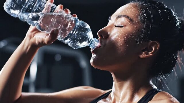 Athlete refreshing herself with water, glistening skin