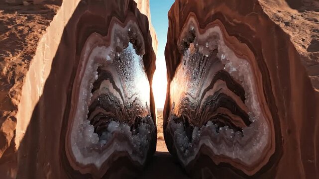 Close-up of a cut geode with a vibrant crystal formation inside, showcasing its intricate details against a clear blue sky.