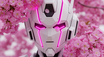 Futuristic robot head with pink glowing eyes in cherry blossom. Artificial intelligence cyborg face in nature for technology concept.