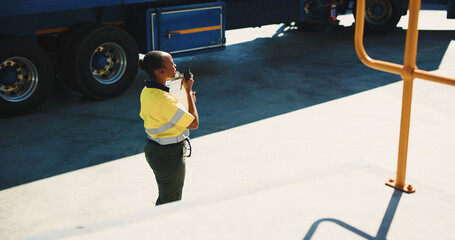 Logistics, clipboard and radio with black woman outdoor for supply chain, cargo checklist or export. Distribution manager, transport coordinator and communication with person at warehouse for contact