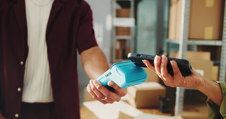 Hands, pos machine and people with smartphone, payment and ecommerce with checkout. Employee,...