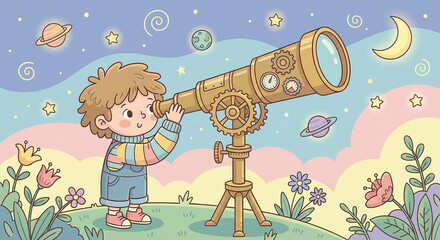 Adorable cartoon child using a telescope to explore the starry night sky filled with planets and a crescent moon, surrounded by whimsical flowers in a magical landscape