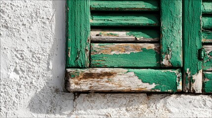 Weathered green shutters on a whitewashed wall