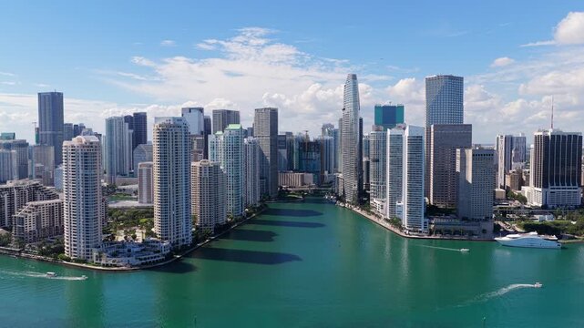 Cityscape of Miami downtown. Florida modern skyscraper in downtown Miami. City skyline. Aerial view of Miami cityscape skyscraper. City skyline aerial cityscape. Brickell Key downtown