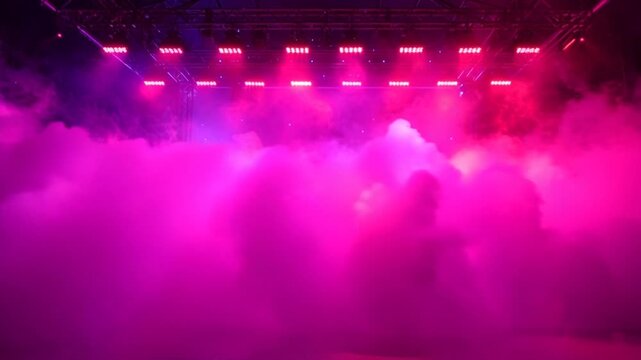 Mysterious silhouettes in a foggy stage with pink lighting.