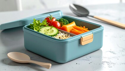 Blue lunchbox with salad, tomatoes, cucumber, broccoli, carrots, rice, with spoon on marble surface in bright lighting