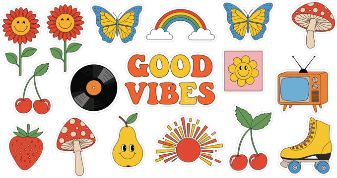 Set of retro hippie stickers, vintage aesthetic icons including rainbows butterflies and flowers, good vibes groovy colorful flat vector illustrations.