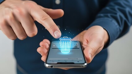 Person interacting with smartphone trash icon.