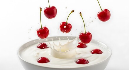 Cherries Plunging into Creamy Yogurt - A Refreshing and Delicious Treat.