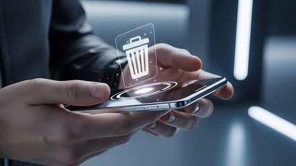 Person holding smartphone with delete icon.