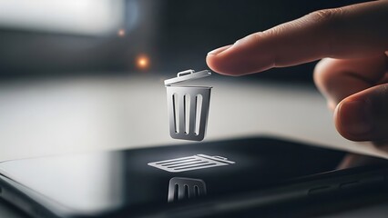Hand interacting with 3D trash can icon.