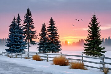 Obraz premium Winter sunrise over snowy forest and wooden fence