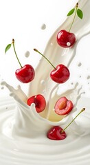 Cherries Splashing into Creamy Milk - A Refreshing and Vibrant Still Life.