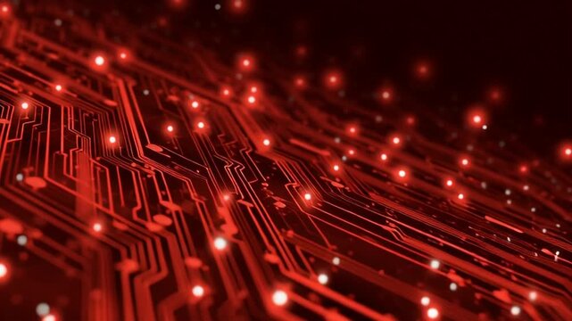 Red glowing circuit board with illuminated nodes and pathways.
