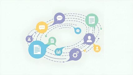  An illustration depicting a network of communication and collaboration between users, documents, and processes. Various icons representing people, files, chat bubbles, and settings gears are intercon