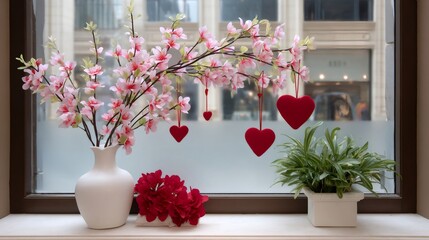 Blooming branch with hanging hearts celebrating love