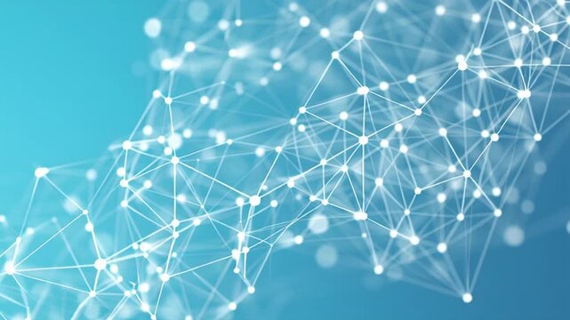 Complex network structure with interconnected nodes and lines on blue background.