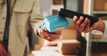 Ecommerce, hands and phone with POS machine for transaction, fintech payment and customer purchase. People, tech and tap to pay with internet banking for checkout process, B2C connection and sales.
