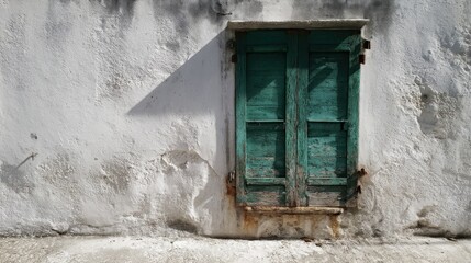 Weathered green window shutters on old, textured white wall with shadows
