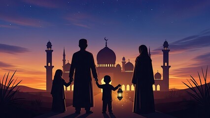 Silhouette of a Muslim family holding hands and a lantern with a mosque in the background at sunset