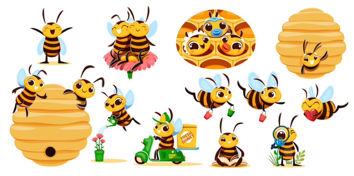 Cartoon funny bee characters. Cute cheerful vector insect personages in playful activities, flying, hugging, watering flowers, reading, delivering honey, surrounded by beehives, honeycombs and flowers
