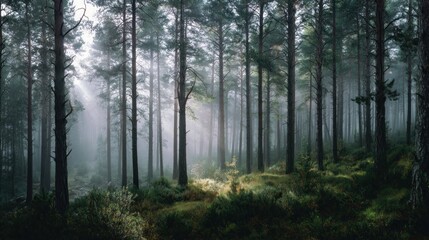 Fototapeta premium Sunlight streams through tall, dark trees in a dense, misty forest, illuminating patches of green and brown ground